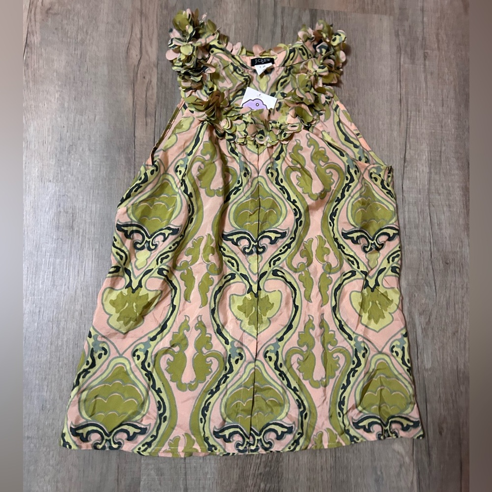 J. Crew Habotai Silk Ruffled Blouse with Green and Pink Paisley Pattern- size XS